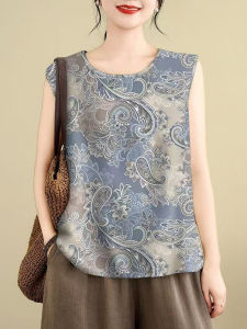 Summer Printed Crop Top Womens Sleeveless Vest Casual Outerwear Fashionable Loose Belly Covering Trendy Blouse Commute Style