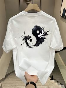 Summer Chinese Style Tai Chi Fish Mens High End Pure Cotton Short Sleeve T-Shirt American Casual Loose Top Youth Fashion