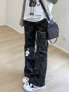 Original Design Panda Print Subculture Camouflage Loose Fit Womens Micro Flare Pants Comfortable Slimming Low Waist Cotton