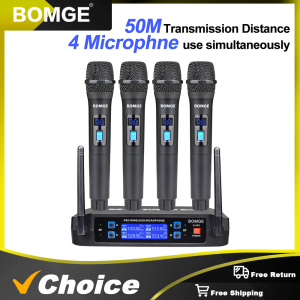 BOMGE 4 channel wireless microphone System Cordless Mic Set With Four Handheld Mics Fixed Frequency Long Range 200ft