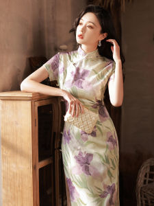 Retro Republic Style Acetate Embroidery Girl Daily Wear Summer New Version Improved Cheongsam Long Qipao Short Sleeve Low Slit