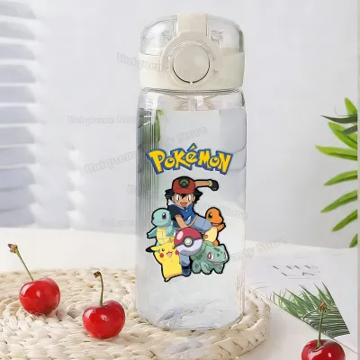 Keeppley | 400ML Pokemons Kids Water Bottle Cute Pikachus Transparent Plastic Bottles Cartoon Sports Straws Water Cup Boy Girl Outdoor Jugs