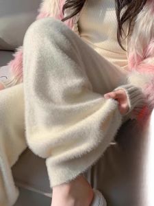 WANGGONGZHU | High Waist Knitted Wide Leg Pants Womens Autumn Winter Thickened Fleece Casual Loose Style Fluffy Leisure Trousers