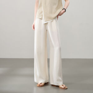 ESE·Y | Elegant High Waist Wide Leg Pants White Acetate Thin Straight Cut Summer Womens Fashion Comfortable Soft Drapey Trousers