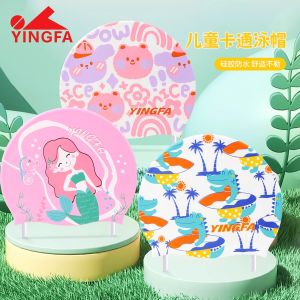 YINGFA Girls Swimming Cap Silicone Cartoon Printed Princess Kids Swim Hats Elastic Fabric Protect Ears Swim Pool Hat