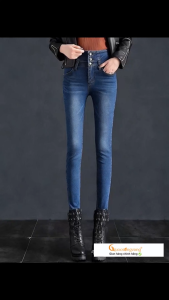 Quần jean nữ lưng cao màu xanh đậm Queenbe GLQ112 dáng ôm vải jean cotton co giãn thông thoáng không xù không bai