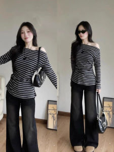 Áo Thun Dài Tay Kẻ Sọc Cổ Điển Mỹ Dành Cho Nữ Mùa Xuân Thu Ôm Vừa Vặn Thanh Lịch Độc Đáo Thường Ngày Đa Năng Áo Thun