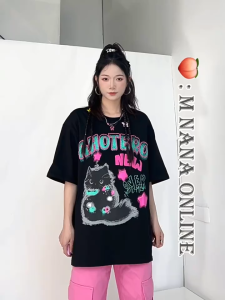 Kaos Streetwear Wanita Lengan Pendek 2025 - Motif Doodle Kucing & Huruf Graffiti Retro Amerika Desain Longgar Slimming Ukuran Besar + Kerah Bulat Overhead Bahan Adem Tren Musim Panas Womens Clothing Tops T-Shirts Baju Eksklusif Remaja‌ Bahan Adem Nyaman