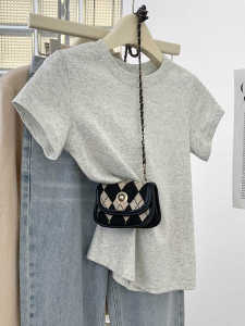 Áo Thun Cotton Tay Ngắn Màu Xám Cho Nữ Mùa Hè Dáng Ôm Trẻ Trung Cổ Tròn Tay Thường Chất Liệu Cotton Nguyên Chất Phong Cách Hàn Quốc