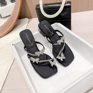 Comfortable Rhinestone Butterfly Strap Sandals Womens Slip-On Summer Shoes Anti-Slip Fairy Style Square Heel Breathable PU