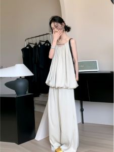 Summer New Womens High Waist Loose Wide Leg Pants Set Sleeveless Strap Top Comfortable Soft Fashionable Cotton Two-Piece Suit