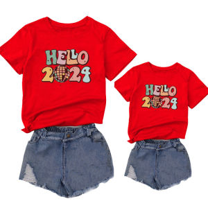 New Year Celebration Family Matching Clothes Short Sleeve Childrens Clothing Red Childrens Wear Half Sleeve Parent-Child Suit