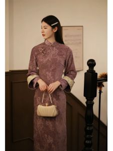 Váy Dài Tay Màu Tím Phong Cách Mới Cổ Điển Trung Quốc Cho Nữ Mùa Thu Đông Thường Ngày Vải Polyester Thiết Kế Váy Truyền Thống