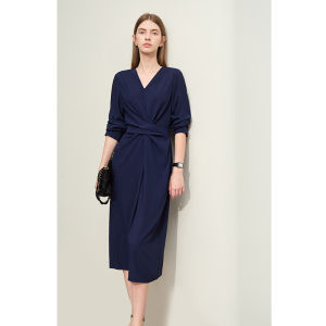 Amii Elegant Commuter Style V-Neck Belted Long Sleeve Loose Dress Autumn Spring Simple Chic Midi Dress Polyester Fiber