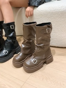 Falimottype)Size 35-40 Women Retro Thick Heel Knight Boots Fashion Mid-Calf Boots British School Student Shoes