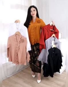 Atasan Kebaya Encim Floy Senada Motif laser Cut Lengan Model Trompet