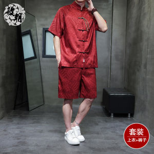 Ice Silk Embroidered Short Sleeve Shirt Mens Set Bronze Buckle Casual Vintage Tang Costume Loose Fit Breathable Summer Wear