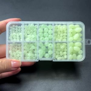 MNFT 320Pcs Green Luminous Fishing Beads Box Set Mixed Shapes Round Oval Glowing Beads for Fishing Line Stoppers