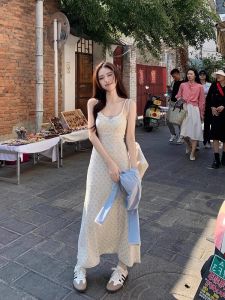 Bộ Váy Dây Gió Nhẹ Nhàng Màu Xanh Lam Dành Cho Nữ Áo Dài Tay In Hình Eo Cao Và Váy Midi Trang Phục Hai Mảnh Bằng Sợi Polyester