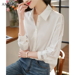 เสื้อแฟชั่น สไตล์เกาหลี เรียบง่าย คอปก เสื้อชีฟ กระดูม แถว เดียว สตรี เสื้อเบลาส์ ผ้าชิฟฟ่อน สีขาว แถว ดื่ม 2023