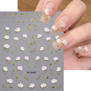 1Pcs 5D Pink White Gradient Cotton Flower Nail Stickers Gold Leaves Cotton Nails Decals Adhesive Elegant Floral Manicure Sliders