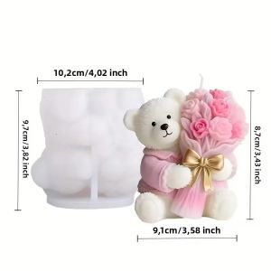 Khuôn Silicon Hình Gấu Cầm Hoa 3D Làm Nến Thủ Công/Khuôn Thạch Cao Dễ Dàng Tháo Khuôn Không Biến Dạng Kích Thước 10.2Cm/9.7Cm