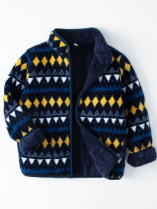 Thickened Fleece Childrens Jacket Baby Girls Winter Coat Warm Plush Casual Long Sleeve Zipper Closure Printed Patterned Outerwear