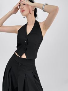 Classic Style Black V-neck Halterneck Suit Vest Vest Womens Summer Stylish Niche Style Open Back Sleeveless Tops
