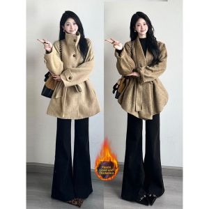 QIANCHANGNAAI | Warm Non-fitted Drooping Flare Black Denim Jeans