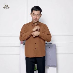 MAYJUNE Kemeja Pria Lengan Panjang Polos Brown