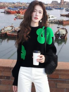 SHANGSHA | Spring Fashion Unique Soft Lazy Style Black Patterned Knitted Sweater