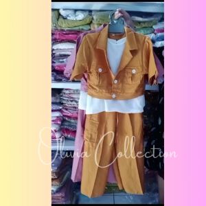 Setelan Linen Anak Perempuan 3 IN 1 Terbaru 2023 Viral Celana Cargo Usia 3 - 11 Tahun Bahan Linen Mix Crinkle Import Variasi Kantong Depan Celena Kulot Cargo Linen Anak Termurah - COD