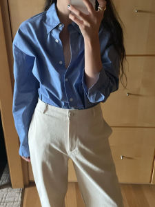 Blue Cotton Long Sleeve Loose Fit Casual Shirt Korean Style Pure Color Spring New Arrival Womens Top Button down Polo Neck