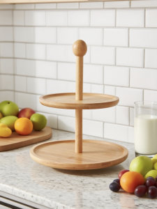 Double Layer Bamboo Wood Cake Display Stand High Foot Tea Time Fruit Plate Hotel Banquet Entertainment Center Afternoon Tea Table