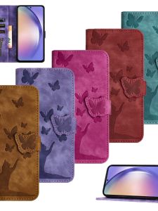 Cute Butterfly Cat Heat Embossed Flip Cover Phone Case for Apple iPhone Full Series Durable PU Material Korean Cartoon Style