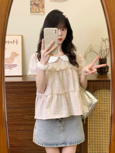 Cute Sweet Girl Style Short Sleeve Embroidered Butterfly Knot Pink Stripes Shirt Korean Version Slim Fit Cotton Doll Top