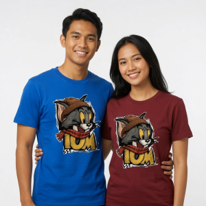 Tom and Jerry Graphic T-Shirt Set for Couple White and Gray with Beanie and Scarf Design