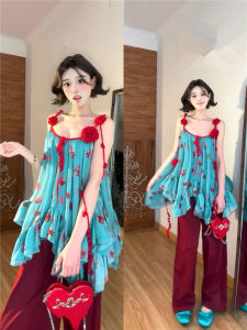 Váy Voan Tay Không Tay in Hoa Phong Cách Pháp Cổ Điển Không Đều Cho Nữ Mùa Hè Rộng Rãi Viền Xếp Ly