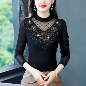 MAIMEI | Fashionable Ladies Fleece Lined Base Shirt Stylish Versatile Ageless Mom High End Elegant Commute Style Polyester Fiber Long Sleeve