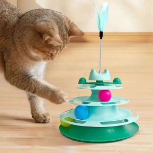 1pcs 3/4-Layer Feather Cat Turntable With Fun Toy Ball And Playing Stick - Interactive Toy For Cats
