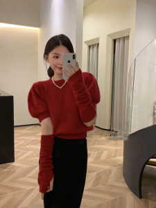 Red Knitted Sweater Womens Autumn Winter Christmas Style Half Sleeve Loose Fit Long Sleeve Regular Length Overhead Top