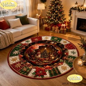 VIKAMA Christmas Round Rug Vintage Compass Santa Sleigh Snow Area Rug Living Room Holiday Home Decor Aesthetic Art Large Premium
