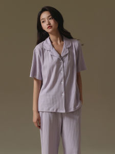 me home wear | Summer Lightweight Cotton Short Sleeve Long Pants Cardigan Striped Muji Style Pajama Set