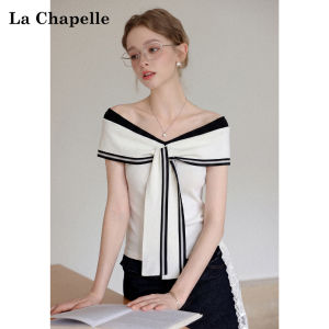La Chapelle | Design Slimming Off-Shoulder Blue Short Sleeve Knit T-Shirt Top
