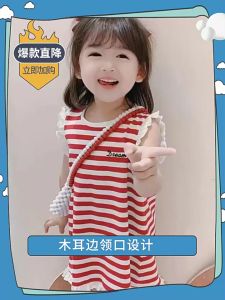 LNR Shop Dress Casual Import untuk Anak Perempuan Dengan Renda Ruffle Tanpa Lengan Motif Garis Garis Salur Midi Mini Dress Korea Gaun Summer atau Musim Panas Baju Pesat Santai Jalan Jalan