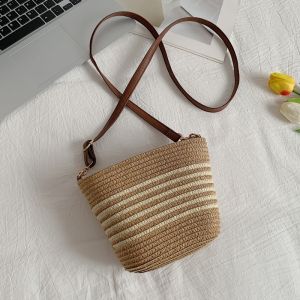 Summer Straw Woven Bucket Bag Womens Crossbody Beach Vacation Beach Sandals Casual Single Shoulder Soft Handle Polyester Lining