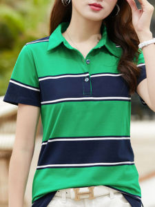 เสื้อยืดคอโปโลลายทางแขนสั้นผ้าฝ้ายหลวมๆ สำหรับผู้หญิงไซส์ใหญ่ ทรงหลวม ทรงปกติ ฤดูร้อน 2025 ผ้าฝ้ายผสมโพลีเอสเตอร์