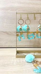 Cute Keyring Green Pompom Fur Ball 26 Letter Keychain Resin Key Chains Handbag Charms For Woman Ornaments Accessories Gift