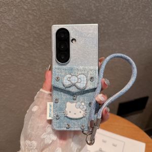 Fashionable Luxury Denim Kitty Cat Phone Case Flip Cover Dual-Sided Protection for Samsung ZFold7 ZFold6/5 ZFold4/3 Lightweight Anti-Fall