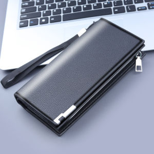 Mens Vertical Large Capacity Leather Wallet Thin Litchi Pattern Business Young Durable Zipper Handbag Card Slot Multi-layer
